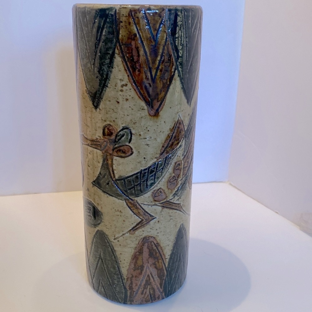 Vintage Otagiri Japan MCM Incised Cylinder Vase 8.5” Stoneware